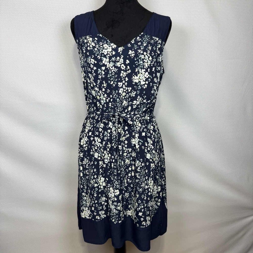 Ann Taylor Loft Floral Navy Dress Belted Sleeveless Small V-Neck